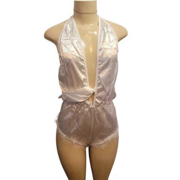 Sexy Teddy, White Satin, DeepV Front, Open Back, Trim Eyelash Lace, Belted. - Picture 2 of 14